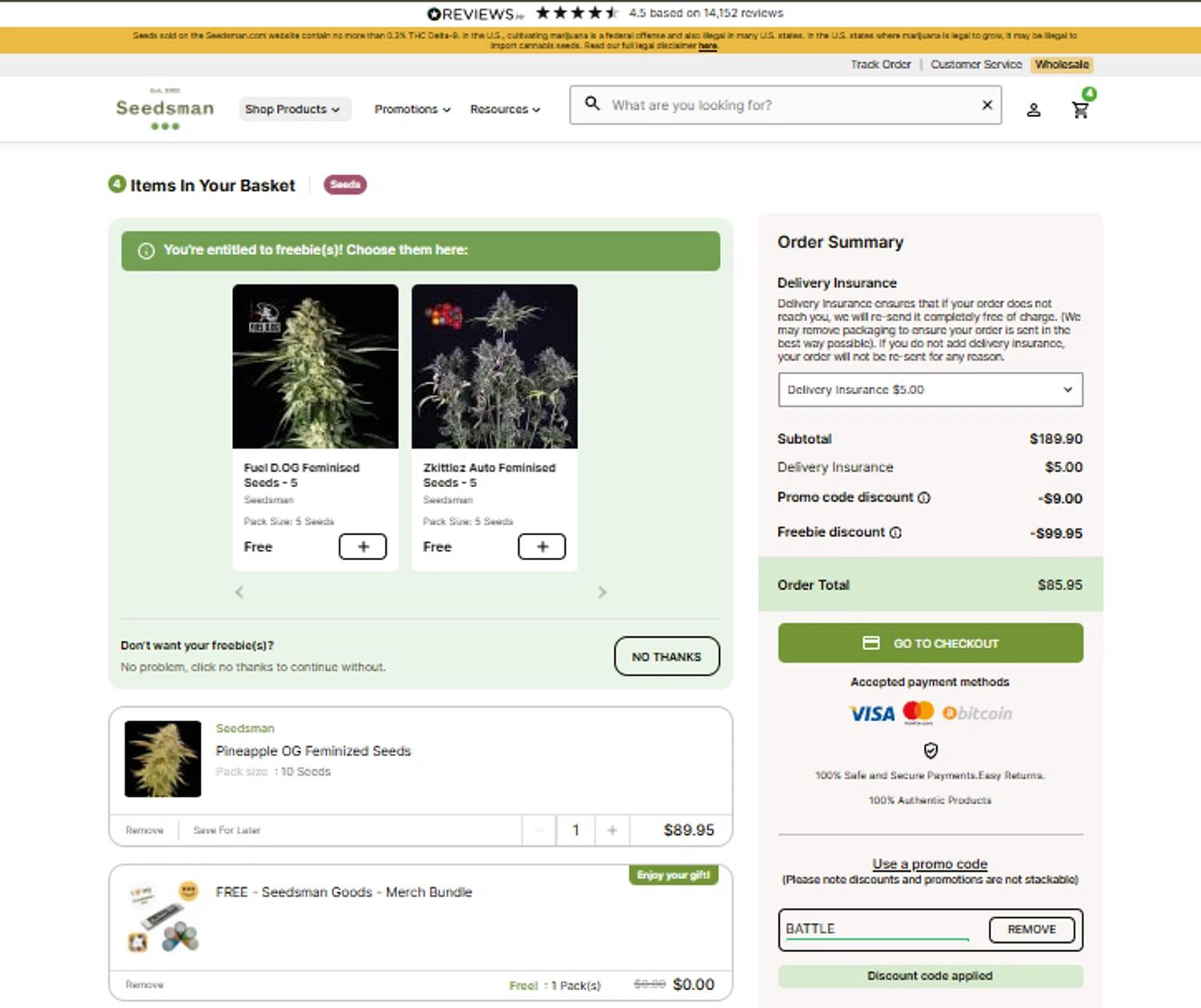 Seedsman promo code screenshot showing code BATTLE applied at Seedsman checkout page. Uploaded by SimplyCodes community member SimplyCVerlie on Oct 17, 2025
