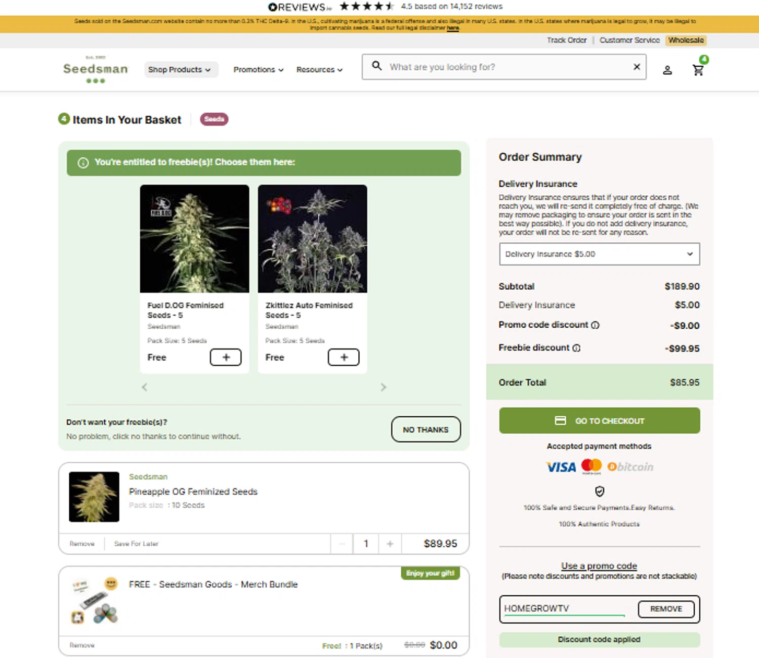 Seedsman promo code screenshot showing code HOMEGROWTV applied at Seedsman checkout page. Uploaded by SimplyCodes community member SimplyCVerlie on Oct 17, 2025