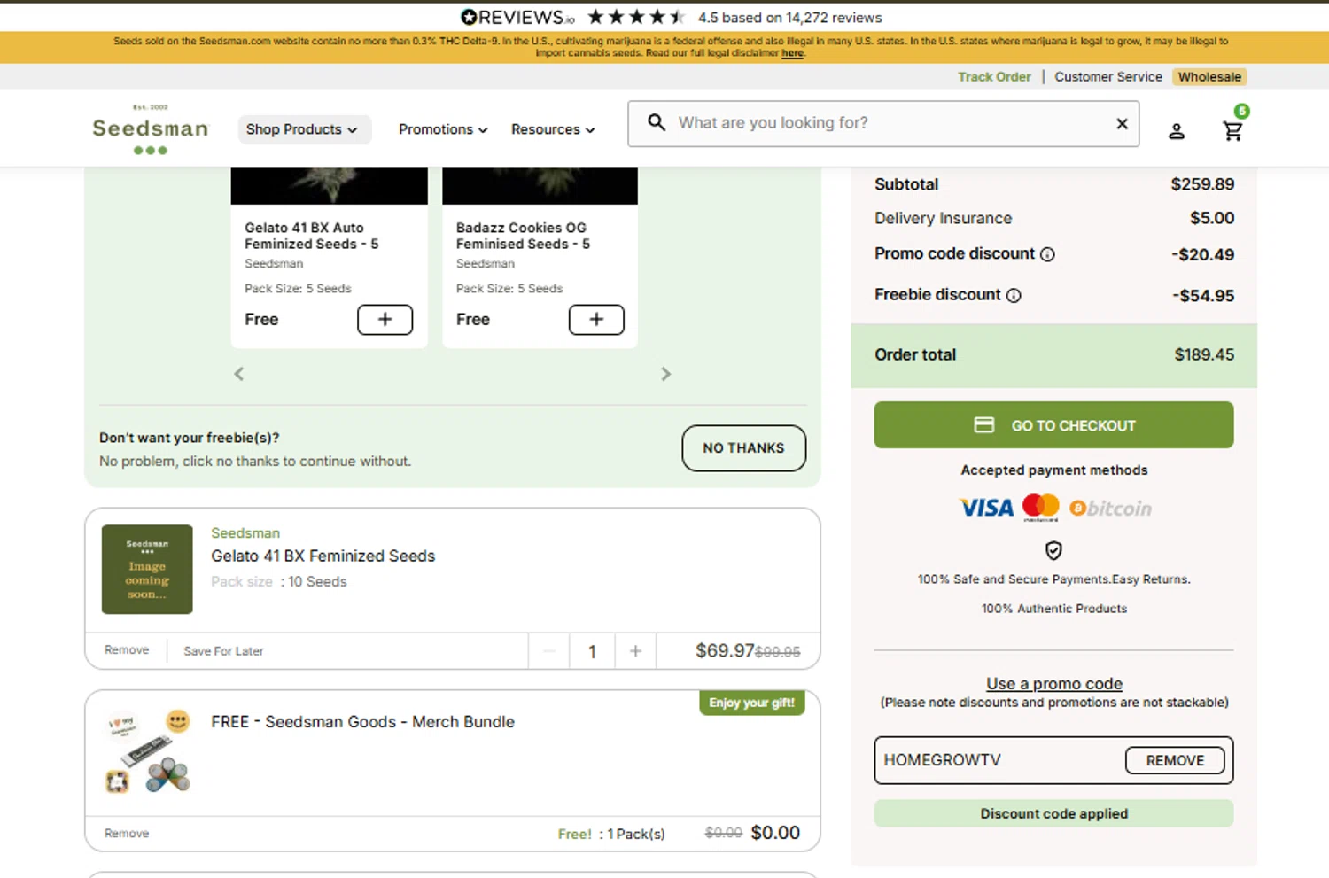 Seedsman promo code screenshot showing code HOMEGROWTV applied at Seedsman checkout page. Uploaded by SimplyCodes community member SimplyCVerlie on Nov 7, 2025