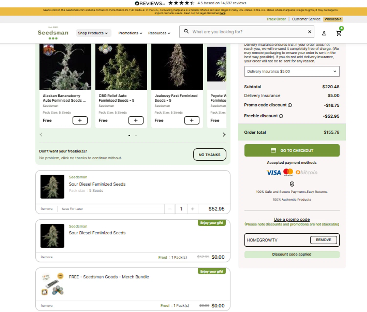 Seedsman promo code screenshot showing code HOMEGROWTV applied at Seedsman checkout page. Uploaded by SimplyCodes community member SimplyCVerlie on Dec 22, 2025