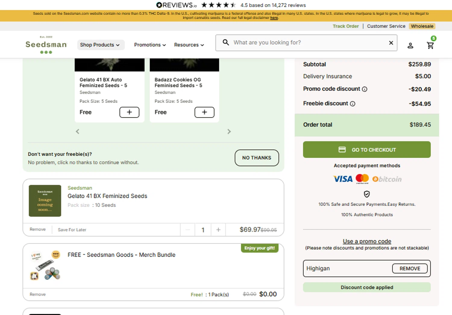 Seedsman promo code screenshot showing code Highigan applied at Seedsman checkout page. Uploaded by SimplyCodes community member SimplyCVerlie on Nov 7, 2025