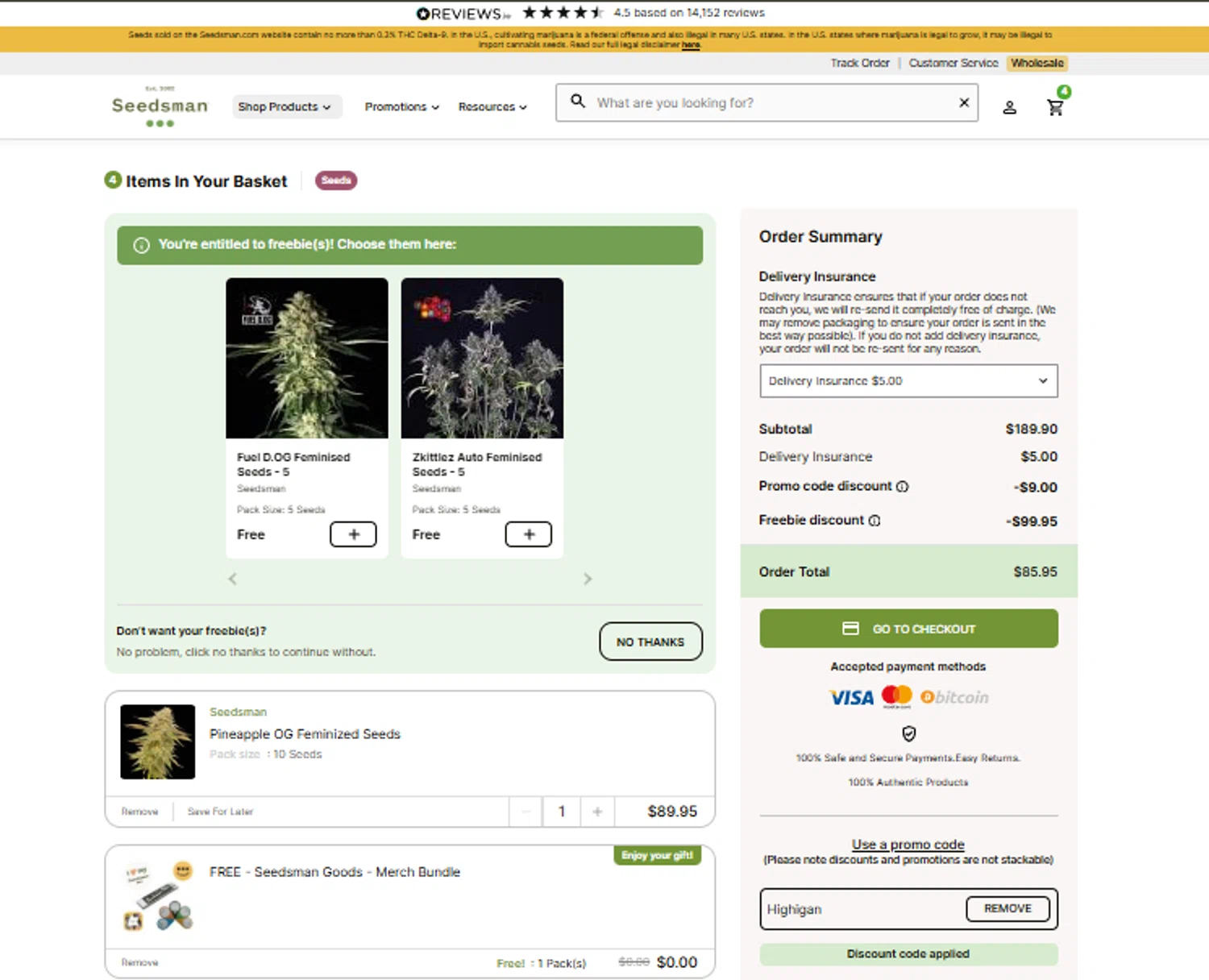 Seedsman promo code screenshot showing code Highigan applied at Seedsman checkout page. Uploaded by SimplyCodes community member SimplyCVerlie on Oct 17, 2025
