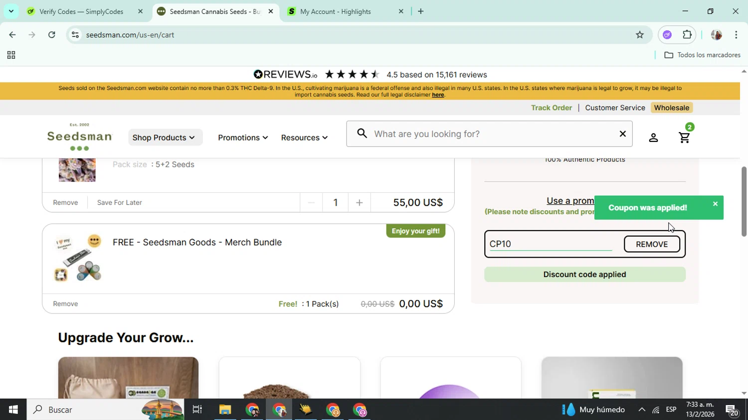 Seedsman checkout page showing Seedsman promo code box | Screenshot taken by SimplyCodes community member on Feb 13, 2026