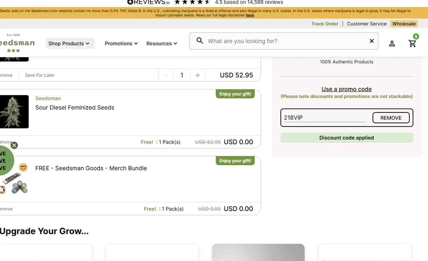 Seedsman promo code screenshot showing code 218VIP applied at Seedsman checkout page. Uploaded by SimplyCodes community member QuestNavigator1687 on Dec 11, 2025