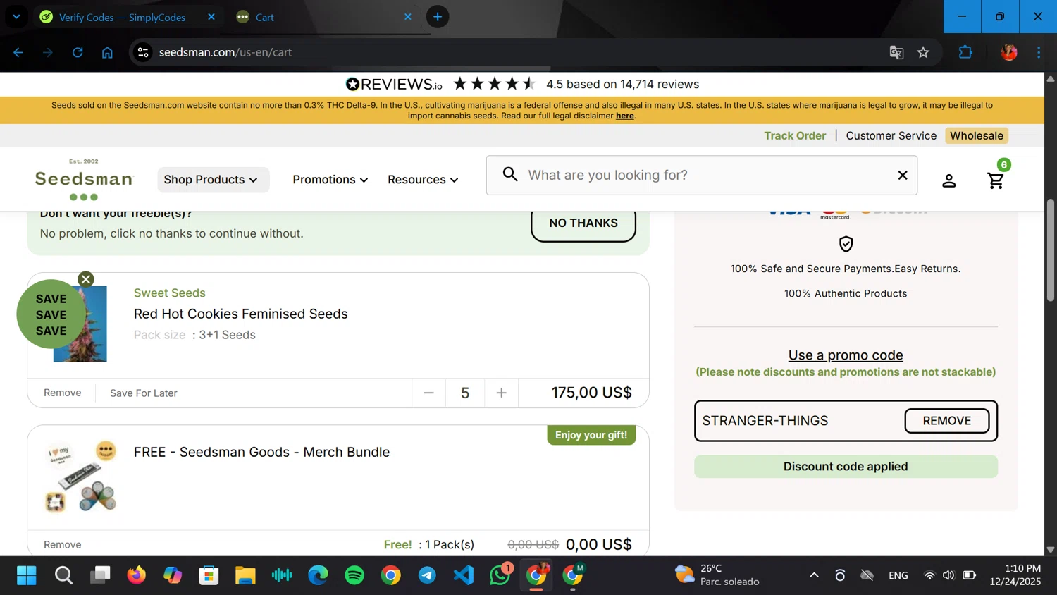 Seedsman checkout page showing Seedsman promo code box | Screenshot taken by SimplyCodes community member on Dec 24, 2025