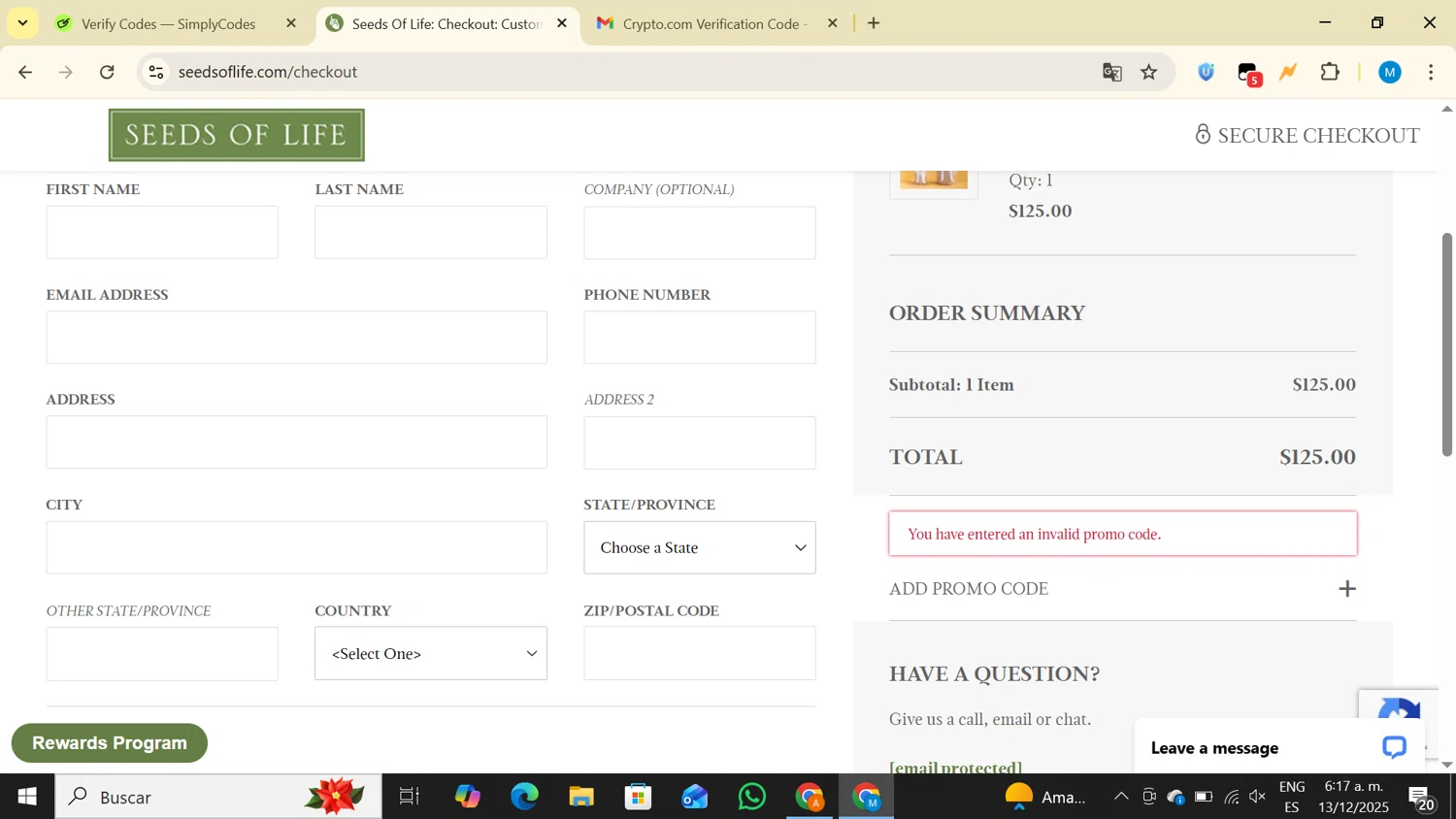 Seeds of Life promo code screenshot showing code AUTUMN25 applied at Seeds of Life checkout page. Uploaded by SimplyCodes community member LegendaryAce4371 on Dec 13, 2025