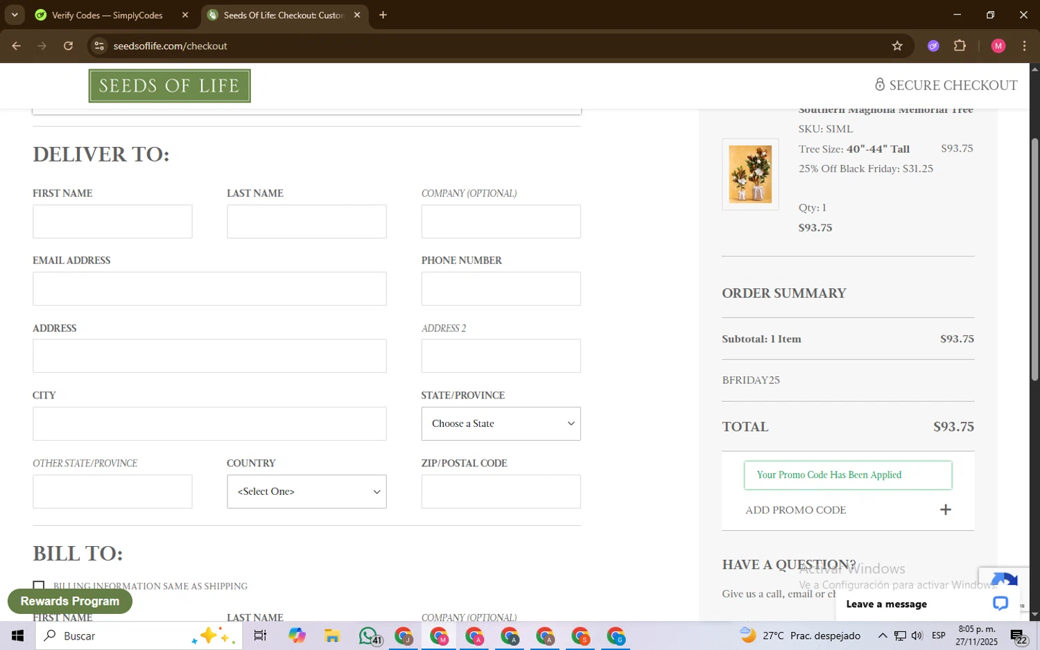 Seeds of Life promo code screenshot showing code BFRIDAY25 applied at Seeds of Life checkout page. Uploaded by SimplyCodes community member Chambeadoranonimo on Nov 28, 2025