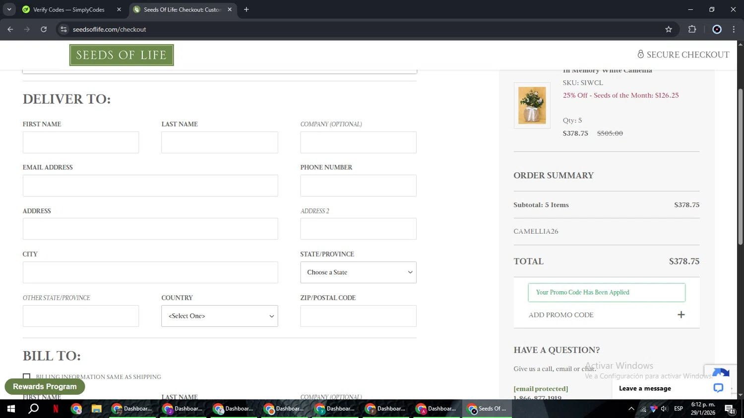 Seeds of Life checkout page showing Seeds of Life promo code box | Screenshot taken by SimplyCodes community member on Jan 29, 2026