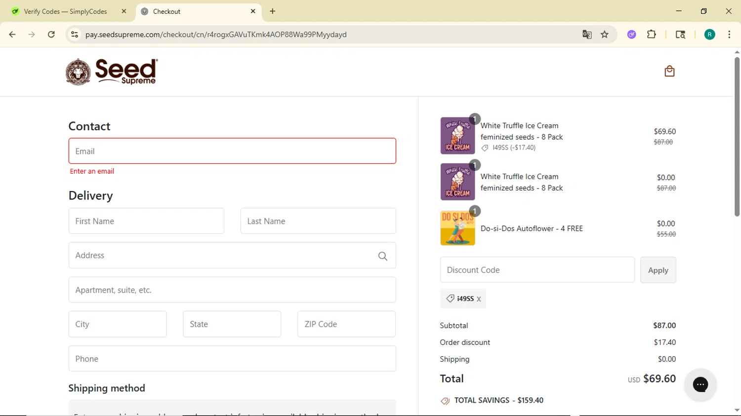 SeedSupreme discount code screenshot showing code i49SS applied at SeedSupreme checkout page. Uploaded by SimplyCodes community member BargainMonarch6495 on Jun 19, 2025