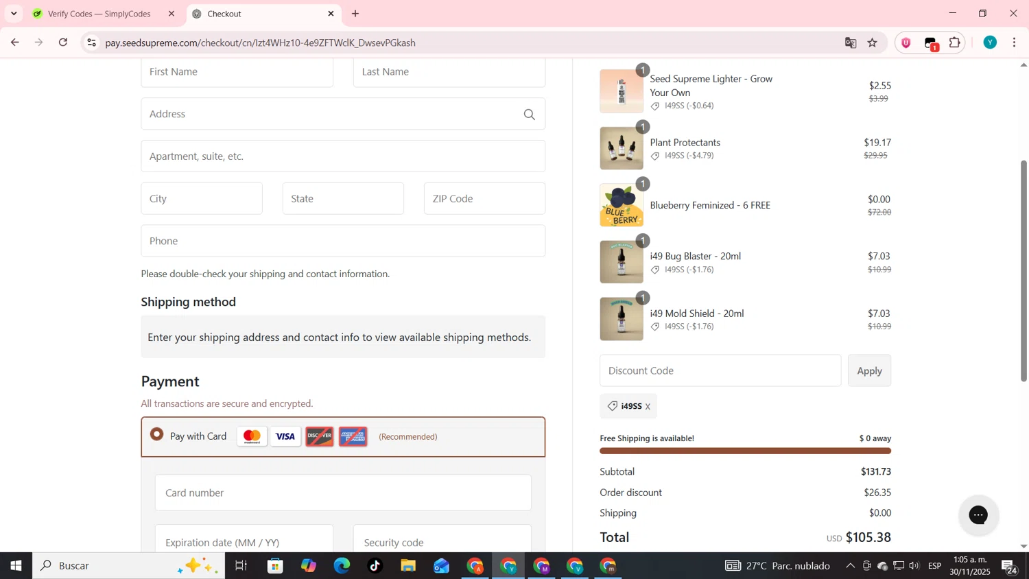 SeedSupreme discount code screenshot showing code i49SS applied at SeedSupreme checkout page. Uploaded by SimplyCodes community member codygakpo on Nov 30, 2025