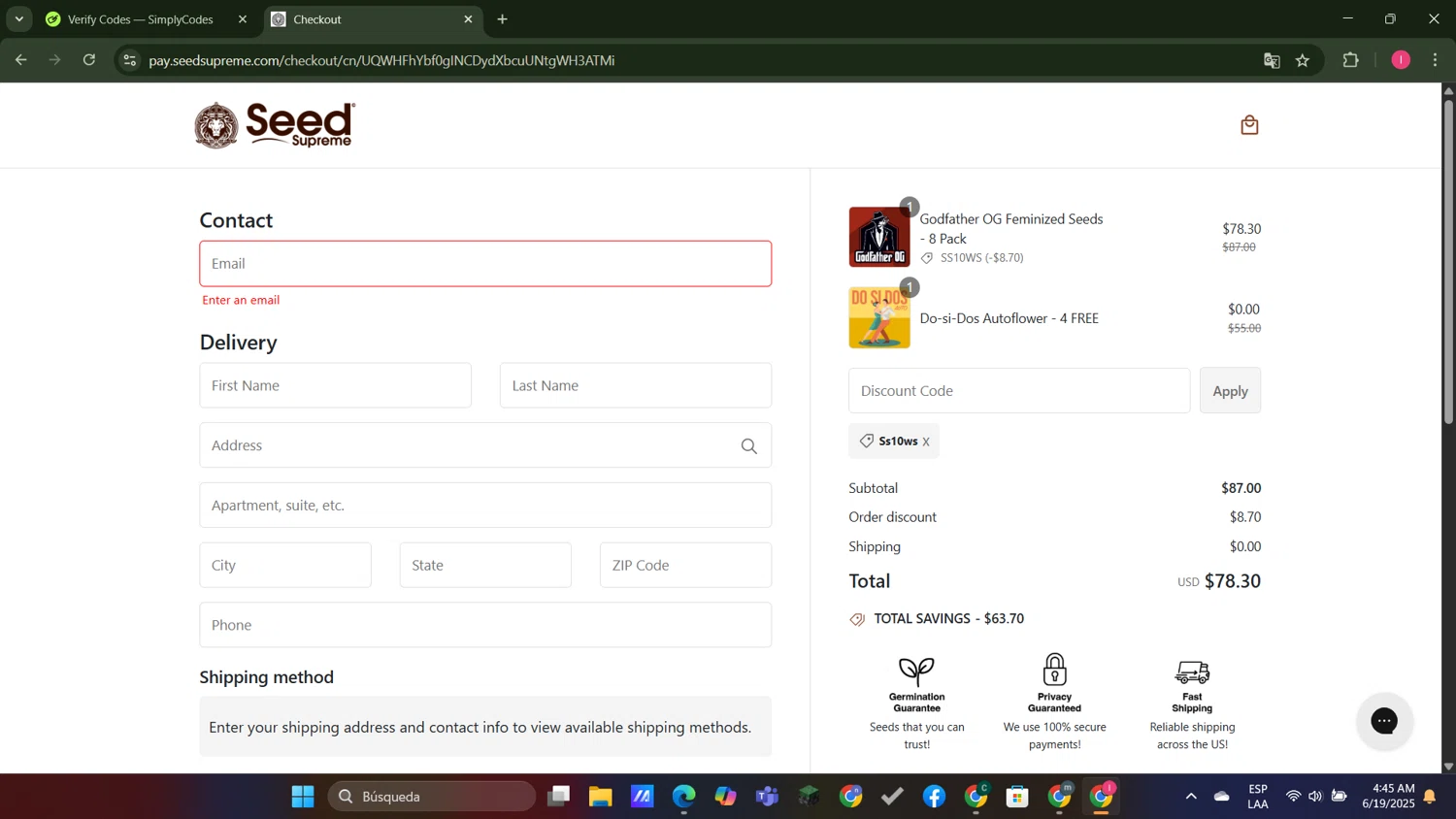 SeedSupreme discount code screenshot showing code Ss10ws applied at SeedSupreme checkout page. Uploaded by SimplyCodes community member MightyGuardian8404 on Jun 19, 2025