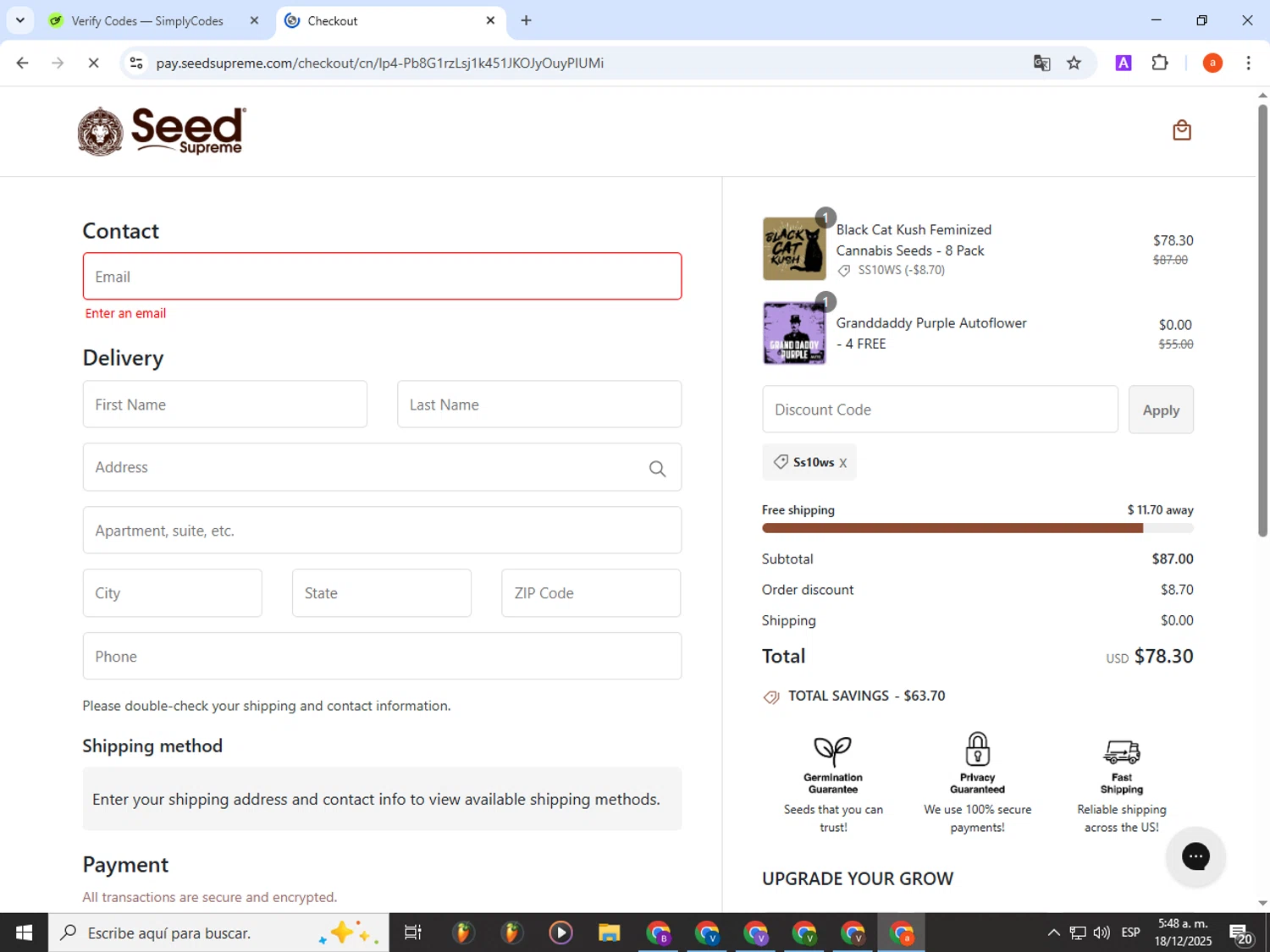 SeedSupreme discount code screenshot showing code Ss10ws applied at SeedSupreme checkout page. Uploaded by SimplyCodes community member partenalgas on Dec 18, 2025