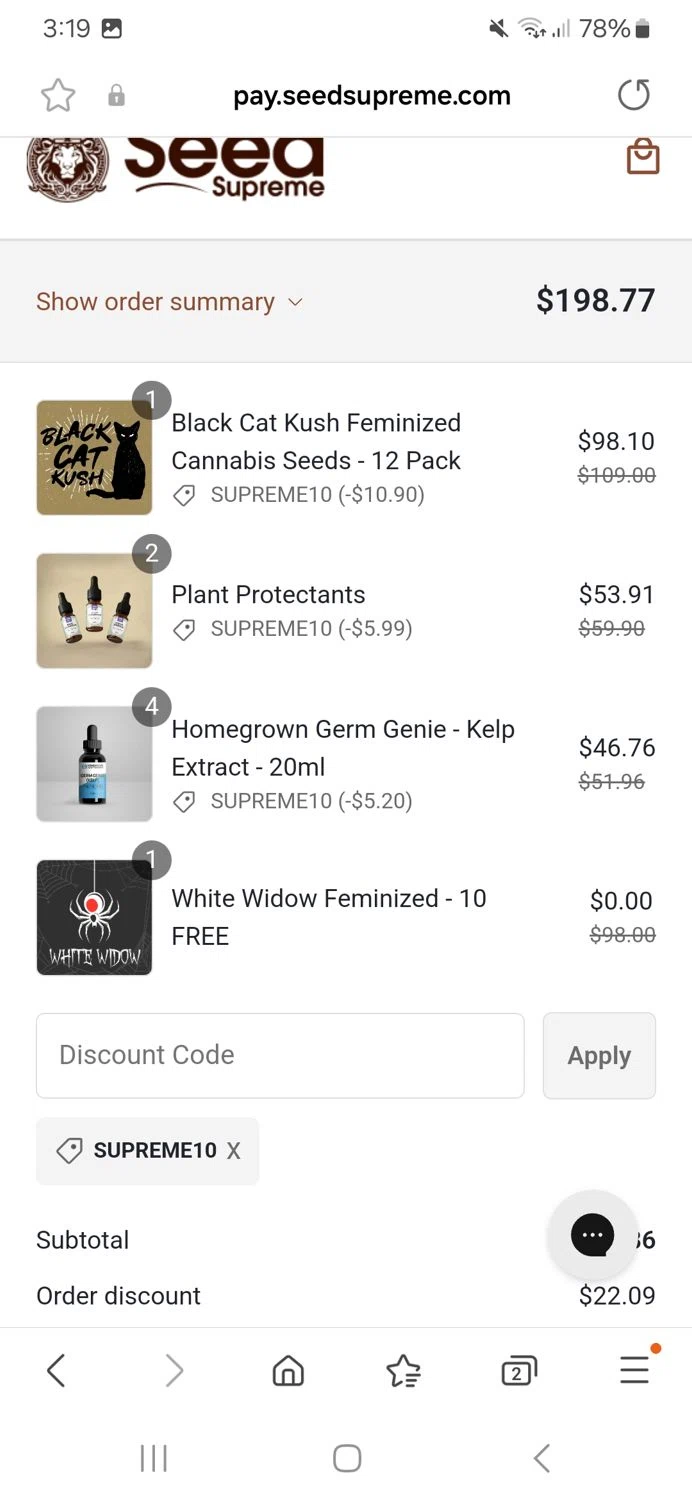 SeedSupreme discount code screenshot showing code SUPREME10 applied at SeedSupreme checkout page. Uploaded by SimplyCodes community member BudgetSpotter1238 on May 22, 2025