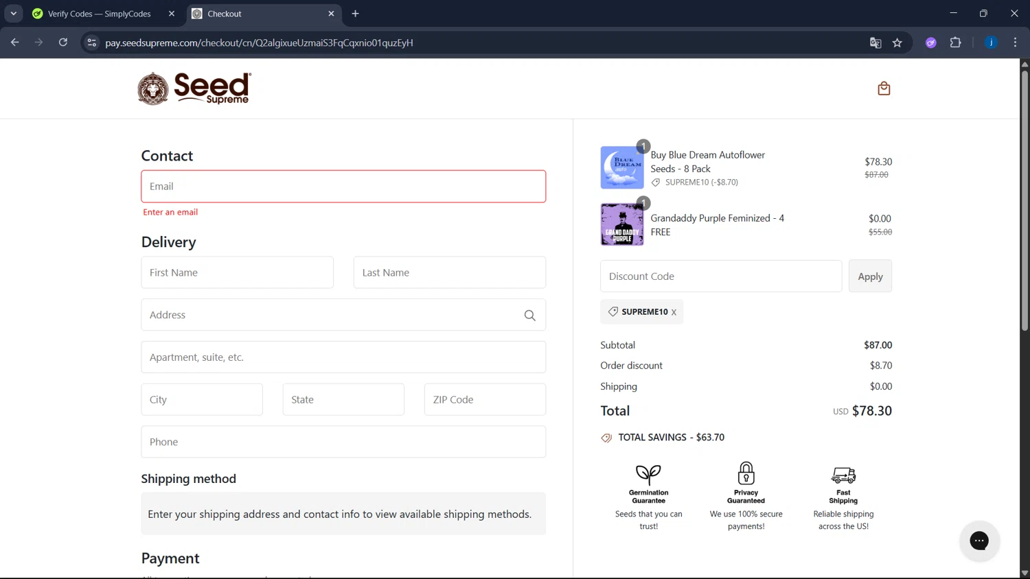 SeedSupreme discount code screenshot showing code SUPREME10 applied at SeedSupreme checkout page. Uploaded by SimplyCodes community member CodeSaver4373 on Jun 12, 2025