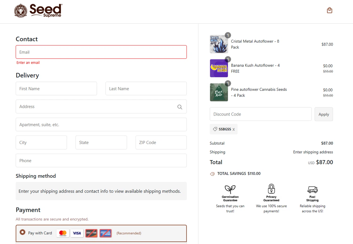SeedSupreme discount code screenshot showing code SSBGSS applied at SeedSupreme checkout page. Uploaded by SimplyCodes community member SalvadorC1 on Aug 3, 2025