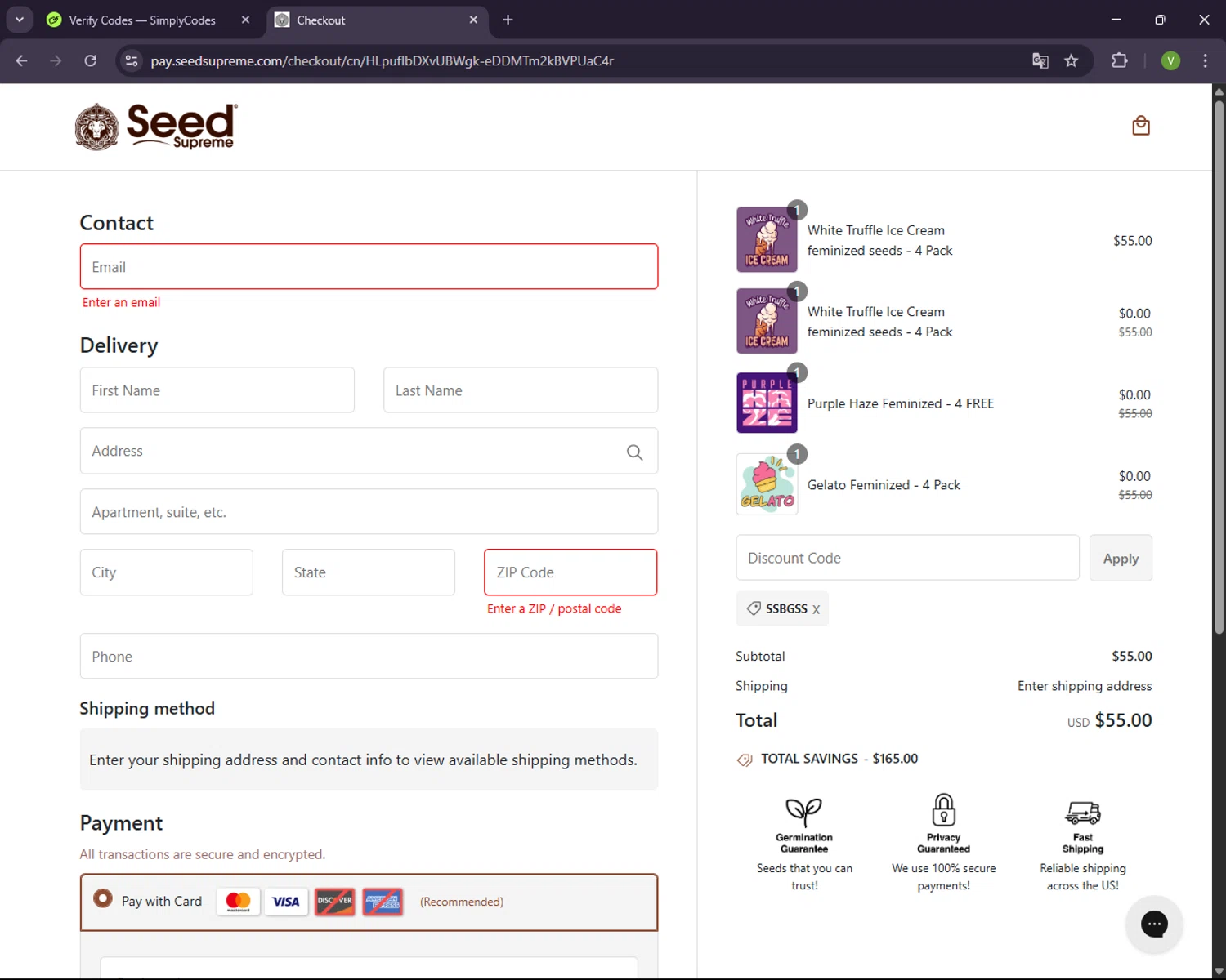 SeedSupreme discount code screenshot showing code SSBGSS applied at SeedSupreme checkout page. Uploaded by SimplyCodes community member CleverNavigator1236 on Apr 19, 2025