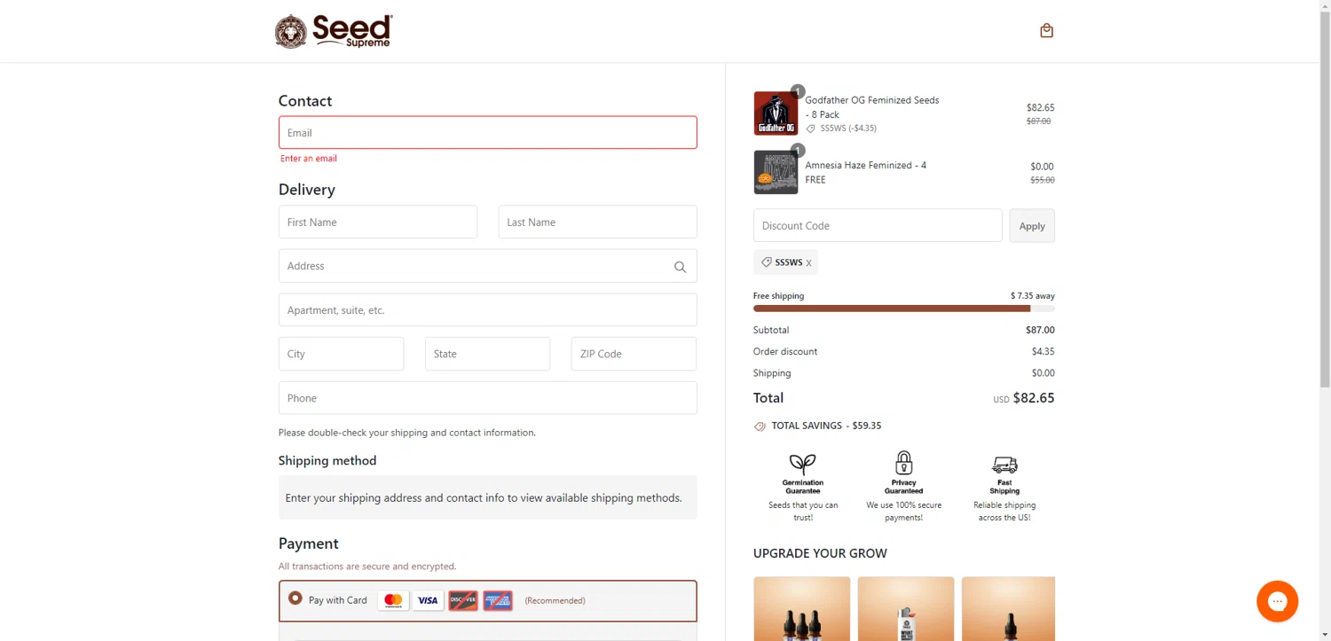 SeedSupreme discount code screenshot showing code SS5WS applied at SeedSupreme checkout page. Uploaded by SimplyCodes community member CashSentinel5495 on Oct 13, 2025