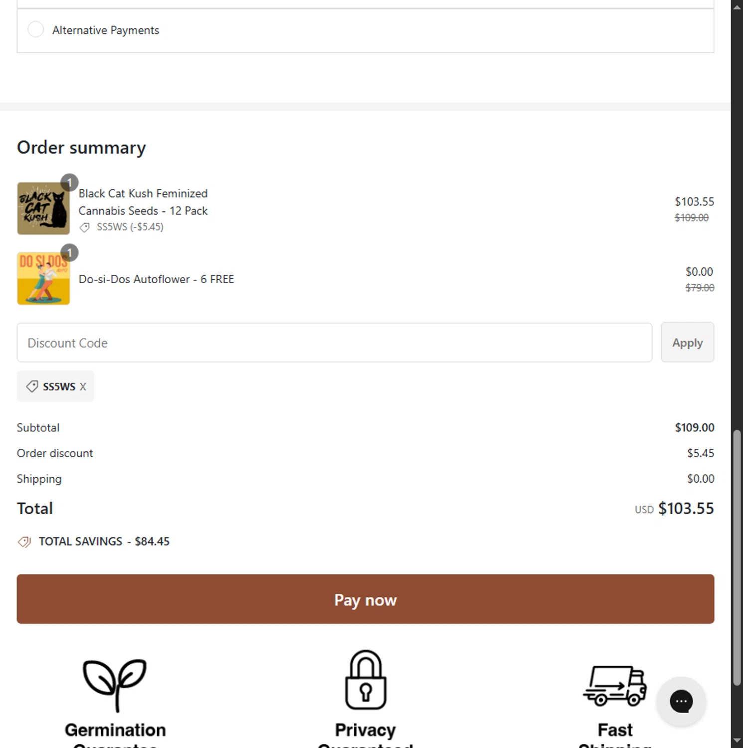 SeedSupreme discount code screenshot showing code SS5WS applied at SeedSupreme checkout page. Uploaded by SimplyCodes community member Leannysv7lla on Jun 19, 2025