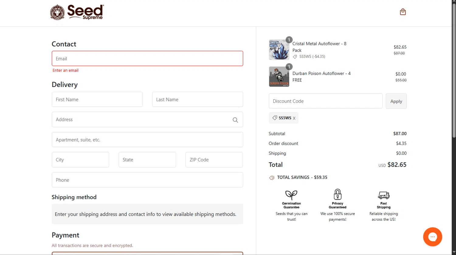 SeedSupreme discount code screenshot showing code SS5WS applied at SeedSupreme checkout page. Uploaded by SimplyCodes community member TokioMiller on Jul 18, 2025