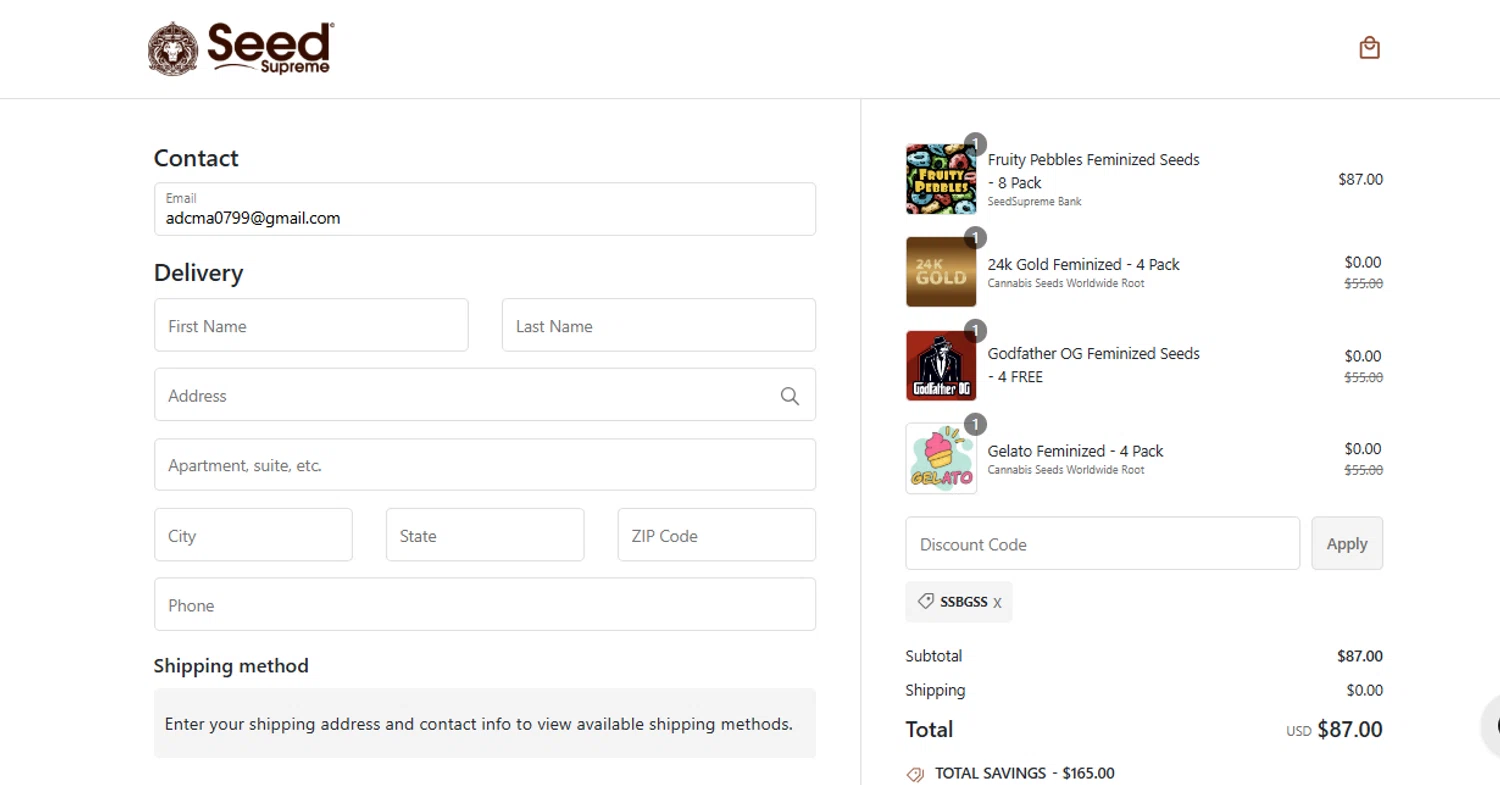 SeedSupreme discount code screenshot showing code SSBGSS applied at SeedSupreme checkout page. Uploaded by SimplyCodes community member peachee on Mar 19, 2025