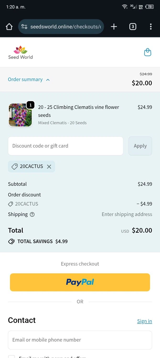 SeedWorld discount code screenshot showing code 20CACTUS applied at SeedWorld checkout page. Uploaded by SimplyCodes community member Nickurtdale on Nov 13, 2025