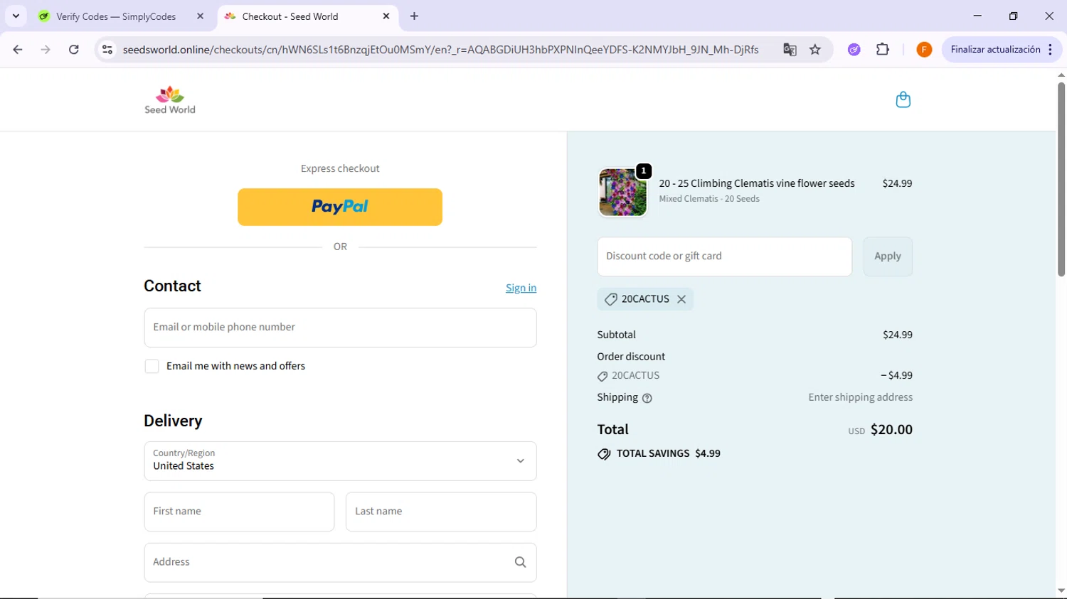 SeedWorld discount code screenshot showing code 20CACTUS applied at SeedWorld checkout page. Uploaded by SimplyCodes community member TreasureSleuth5198 on Dec 15, 2025