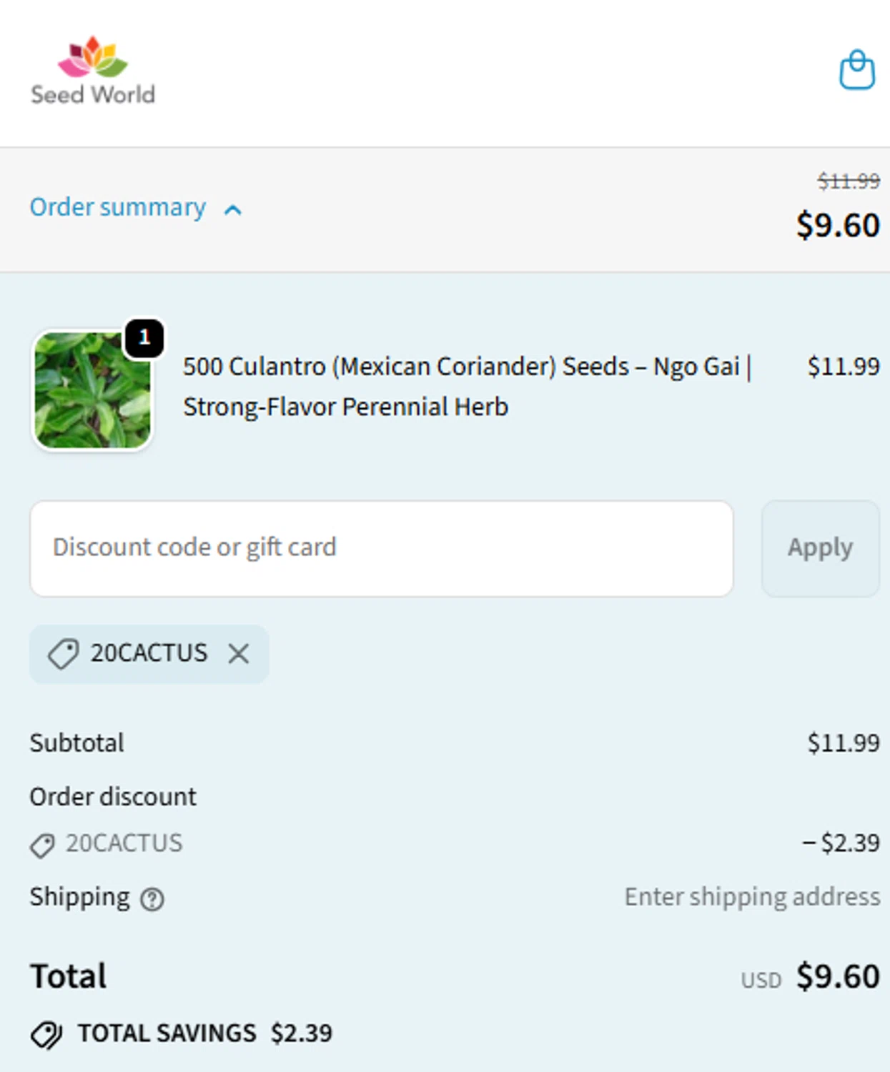 SeedWorld checkout page showing SeedWorld discount code box | Screenshot taken by SimplyCodes community member on Jan 30, 2026