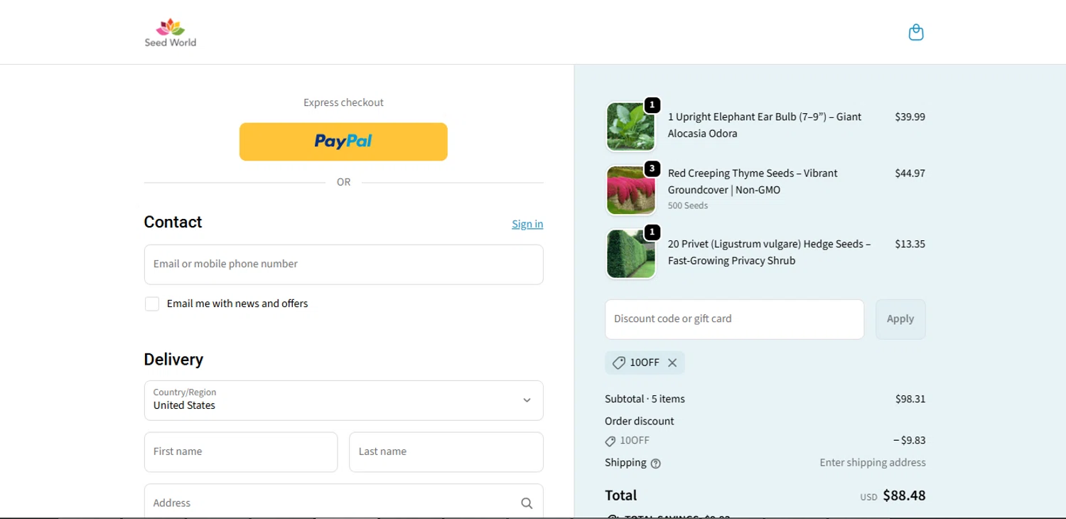 SeedWorld discount code screenshot showing code 10OFF applied at SeedWorld checkout page. Uploaded by SimplyCodes community member BrilliantTitan7739 on Nov 13, 2025