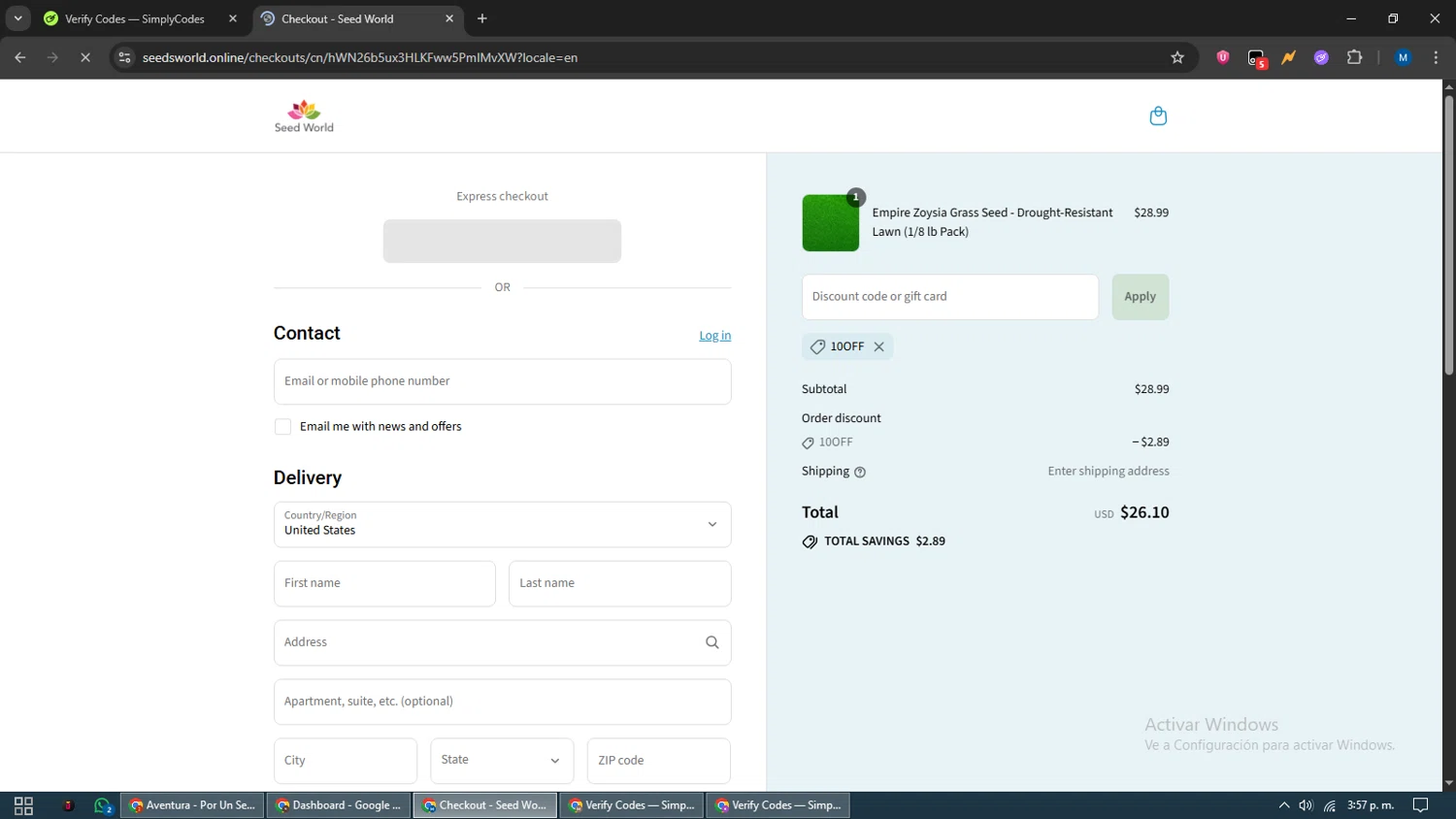 SeedWorld discount code screenshot showing code 10OFF applied at SeedWorld checkout page. Uploaded by SimplyCodes community member EpicVoyager2820 on Aug 22, 2025