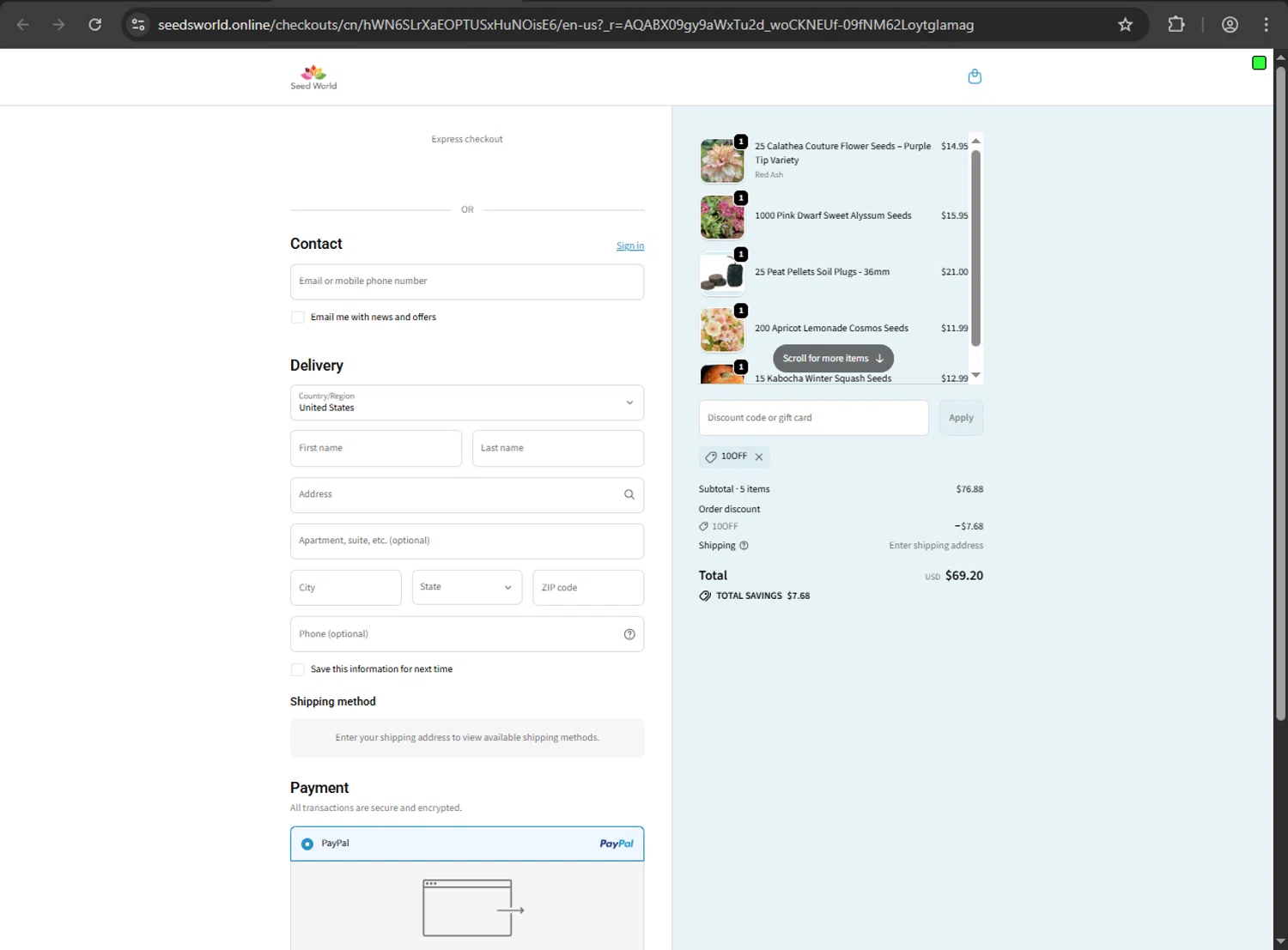 SeedWorld discount code screenshot showing code 10OFF applied at SeedWorld checkout page. Uploaded by SimplyCodes community member nikelson on Dec 15, 2025