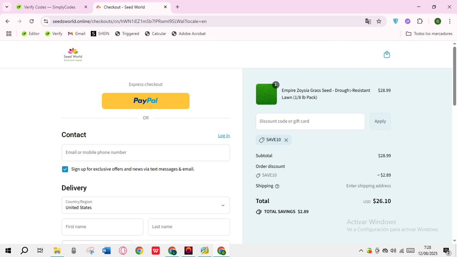 SeedWorld discount code screenshot showing code SAVE10 applied at SeedWorld checkout page. Uploaded by SimplyCodes community member RoyalVirtuoso7438 on Aug 12, 2025