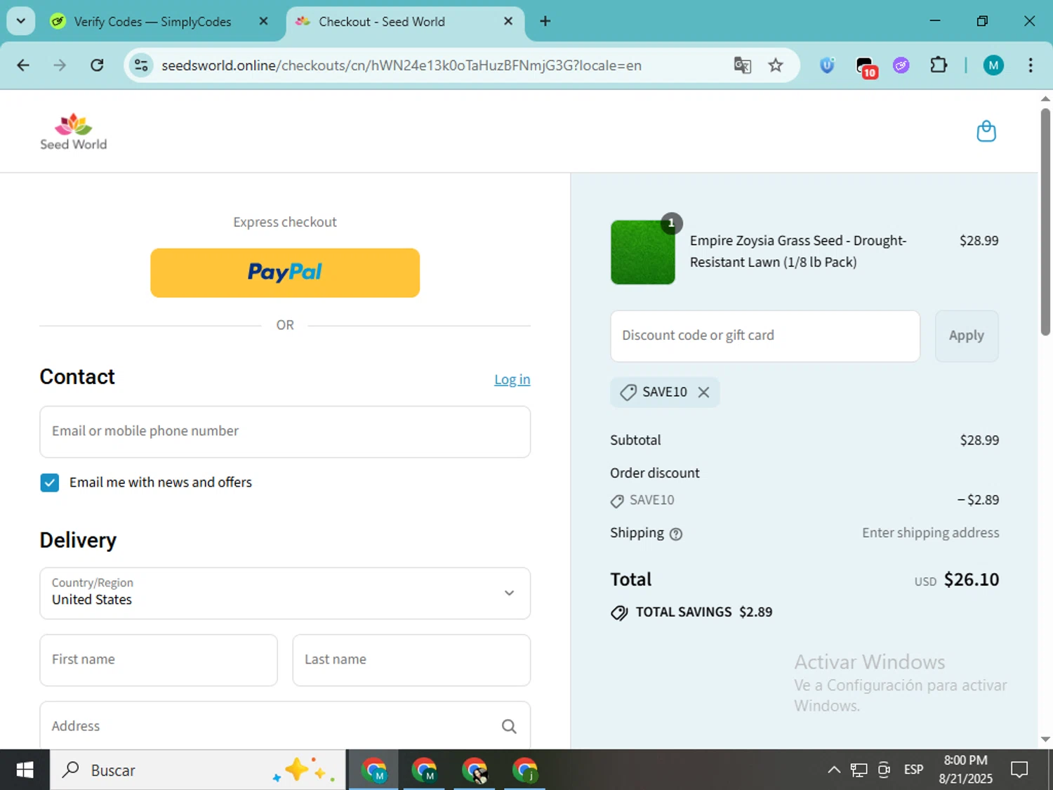 SeedWorld discount code screenshot showing code SAVE10 applied at SeedWorld checkout page. Uploaded by SimplyCodes community member estrellaveloz on Aug 22, 2025