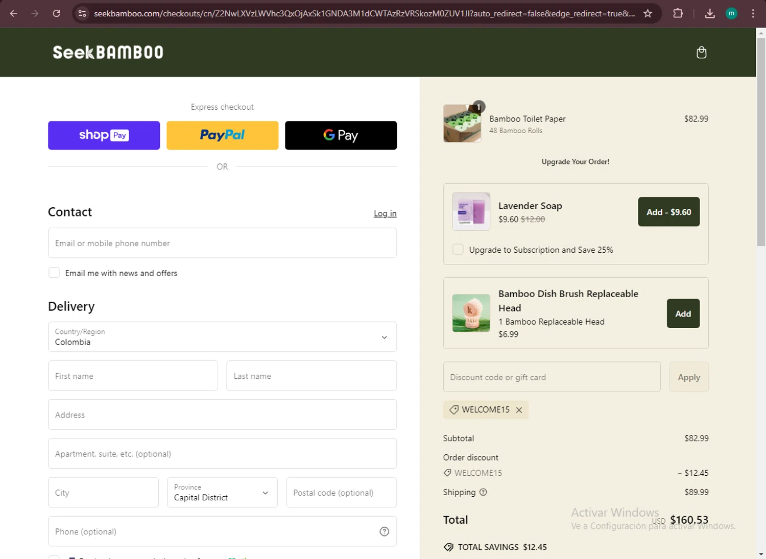 Seek Bamboo promo code screenshot showing code WELCOME15 applied at Seek Bamboo checkout page. Uploaded by SimplyCodes community member CrownSpotter4262 on Feb 19, 2025