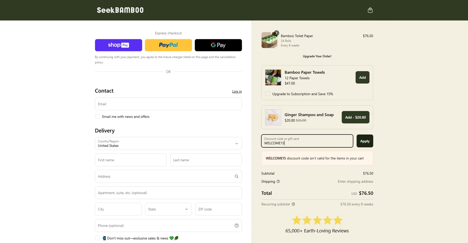 Seek Bamboo promo code screenshot showing code WELCOME15 applied at Seek Bamboo checkout page. Uploaded by SimplyCodes community member VoucherLynx1047 on Mar 20, 2025