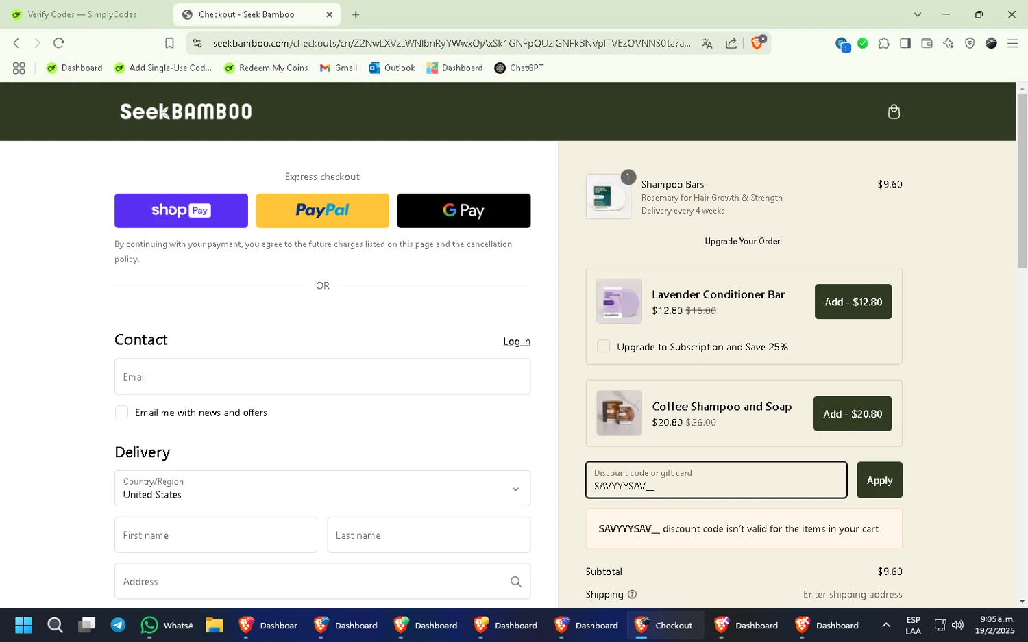 Seek Bamboo promo code screenshot showing code SAVYYYSAV__ applied at Seek Bamboo checkout page. Uploaded by SimplyCodes community member ExtraordinaryExpert892 on Feb 19, 2025