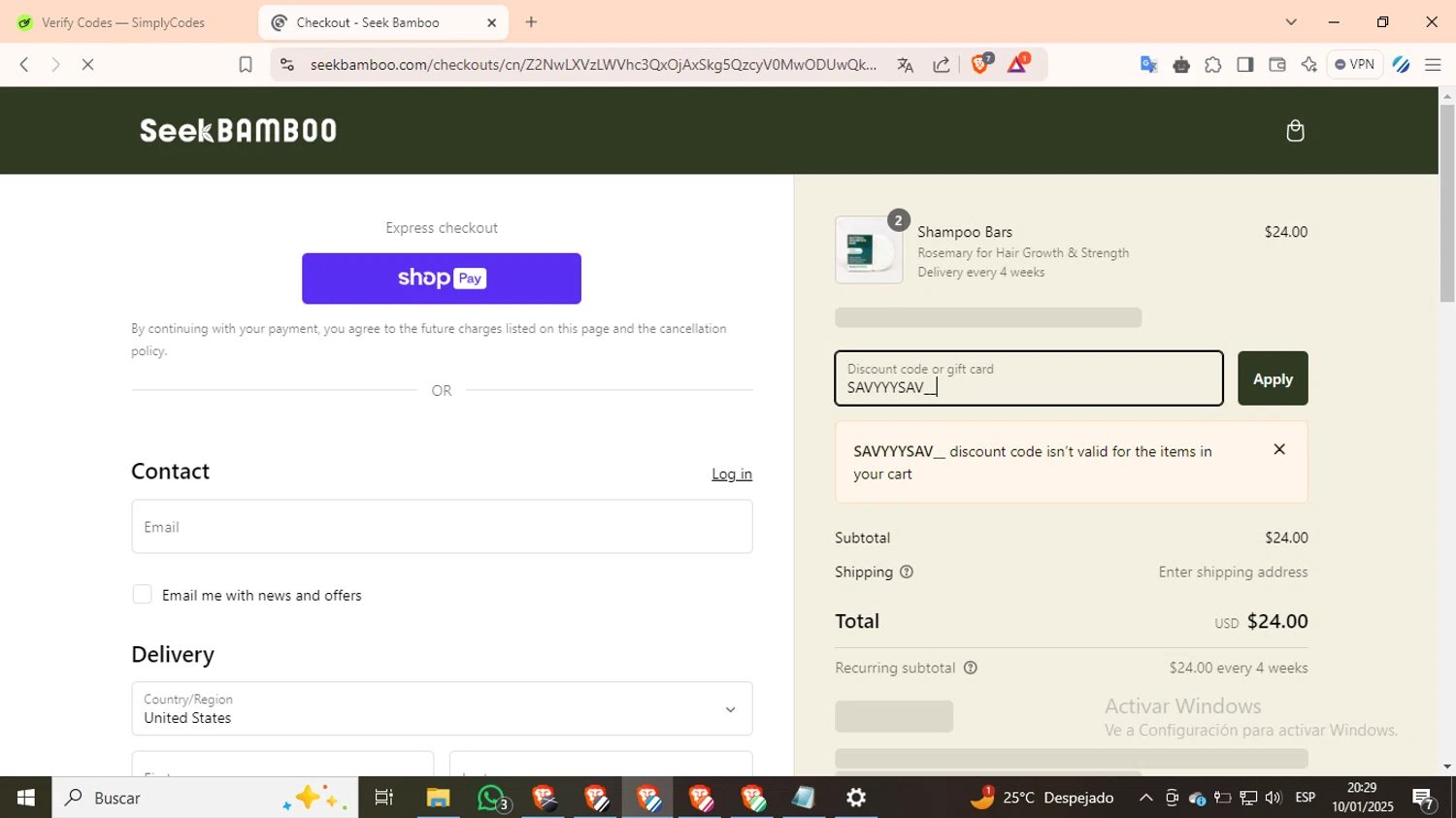Seek Bamboo promo code screenshot showing code SAVYYYSAV__ applied at Seek Bamboo checkout page. Uploaded by SimplyCodes community member PennyMaverick9741 on Jan 11, 2025