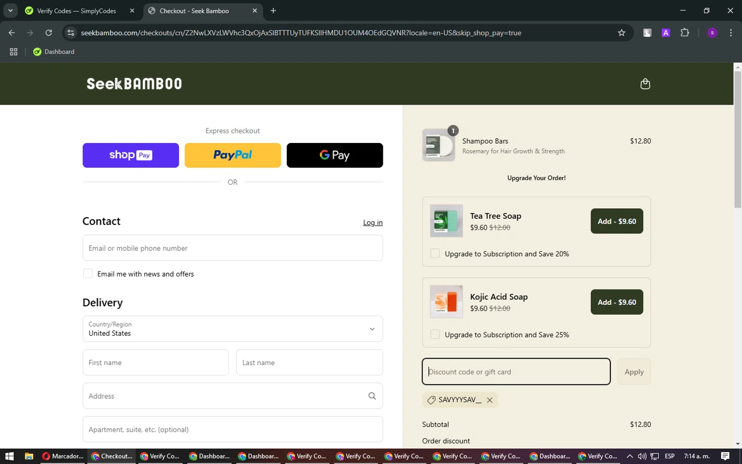 Seek Bamboo promo code screenshot showing code SAVYYYSAV__ applied at Seek Bamboo checkout page. Uploaded by SimplyCodes community member FrugalLegend5728 on Mar 20, 2025