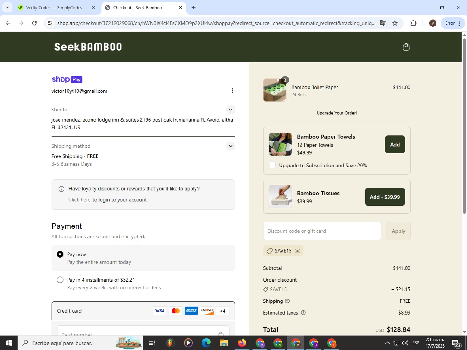 Seek Bamboo promo code screenshot showing code Save15 applied at Seek Bamboo checkout page. Uploaded by SimplyCodes community member CashLion3448 on Jul 17, 2025