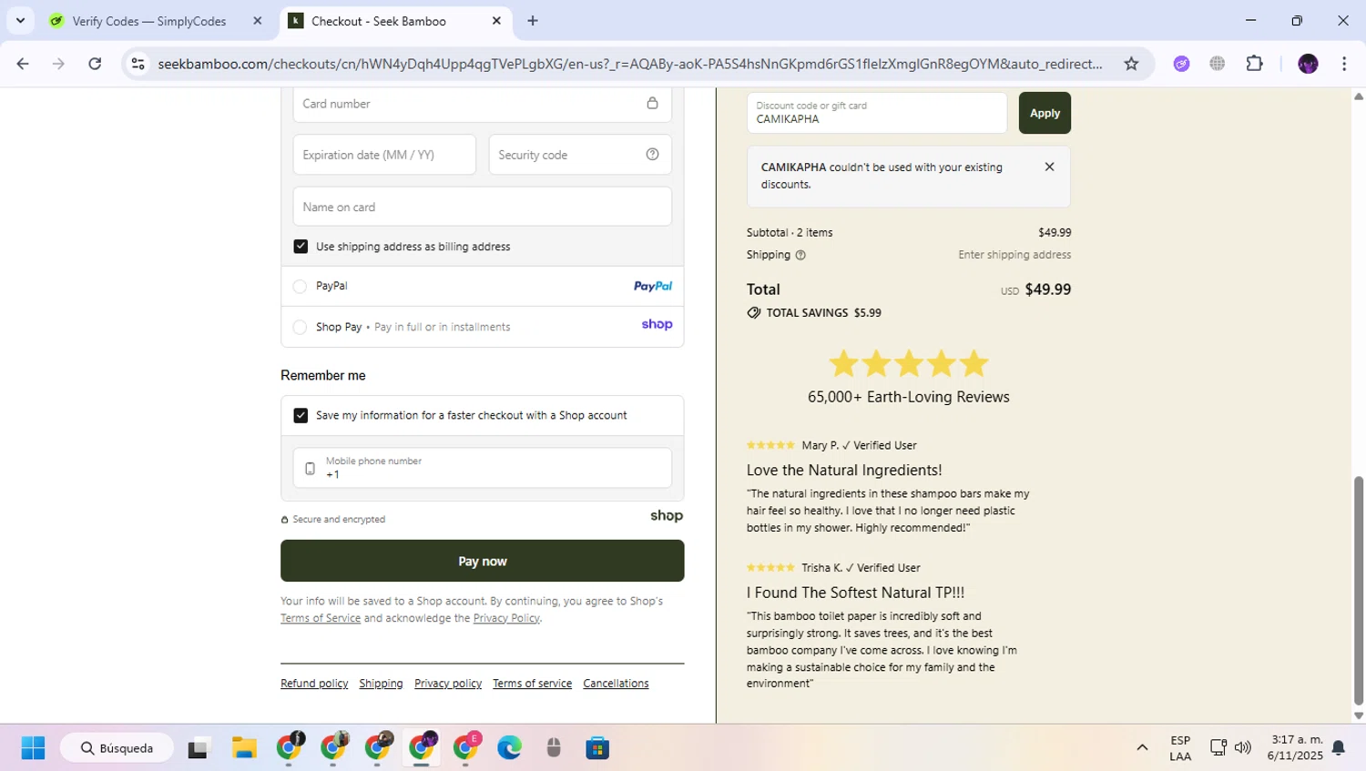 Seek Bamboo promo code screenshot showing code CAMIKAPHA applied at Seek Bamboo checkout page. Uploaded by SimplyCodes community member GloriousGuardian9063 on Nov 6, 2025