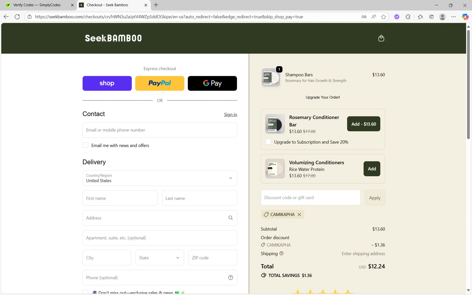 Seek Bamboo promo code screenshot showing code CAMIKAPHA applied at Seek Bamboo checkout page. Uploaded by SimplyCodes community member frijolito on Oct 9, 2025