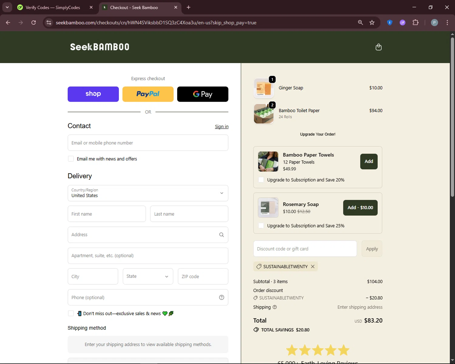 Seek Bamboo promo code screenshot showing code SUSTAINABLETWENTY applied at Seek Bamboo checkout page. Uploaded by SimplyCodes community member DiscountEagle6247 on Oct 23, 2025