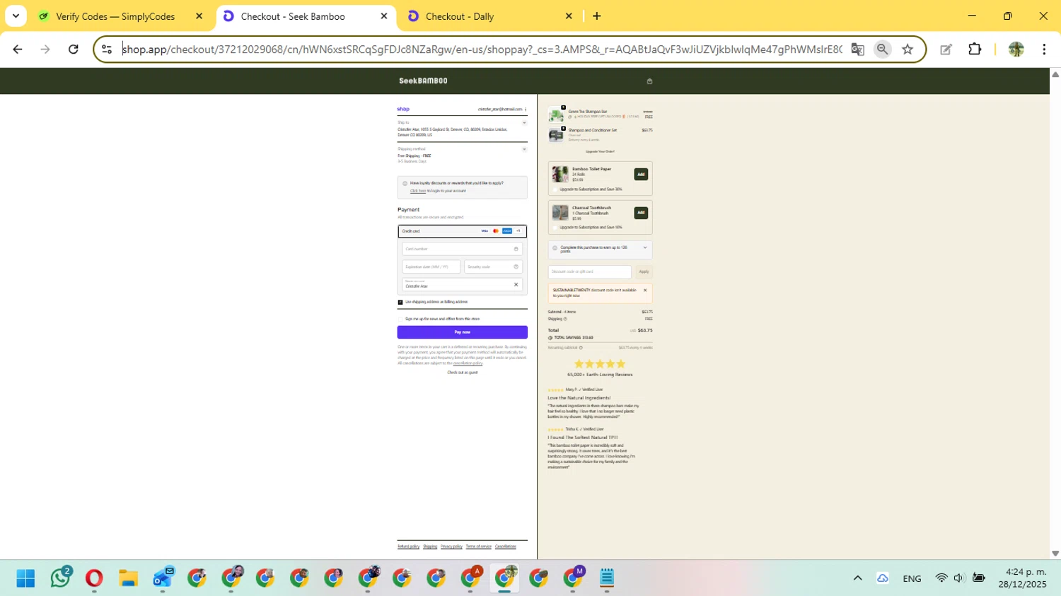 Seek Bamboo promo code screenshot showing code SUSTAINABLETWENTY applied at Seek Bamboo checkout page. Uploaded by SimplyCodes community member FundoSinai on Dec 28, 2025