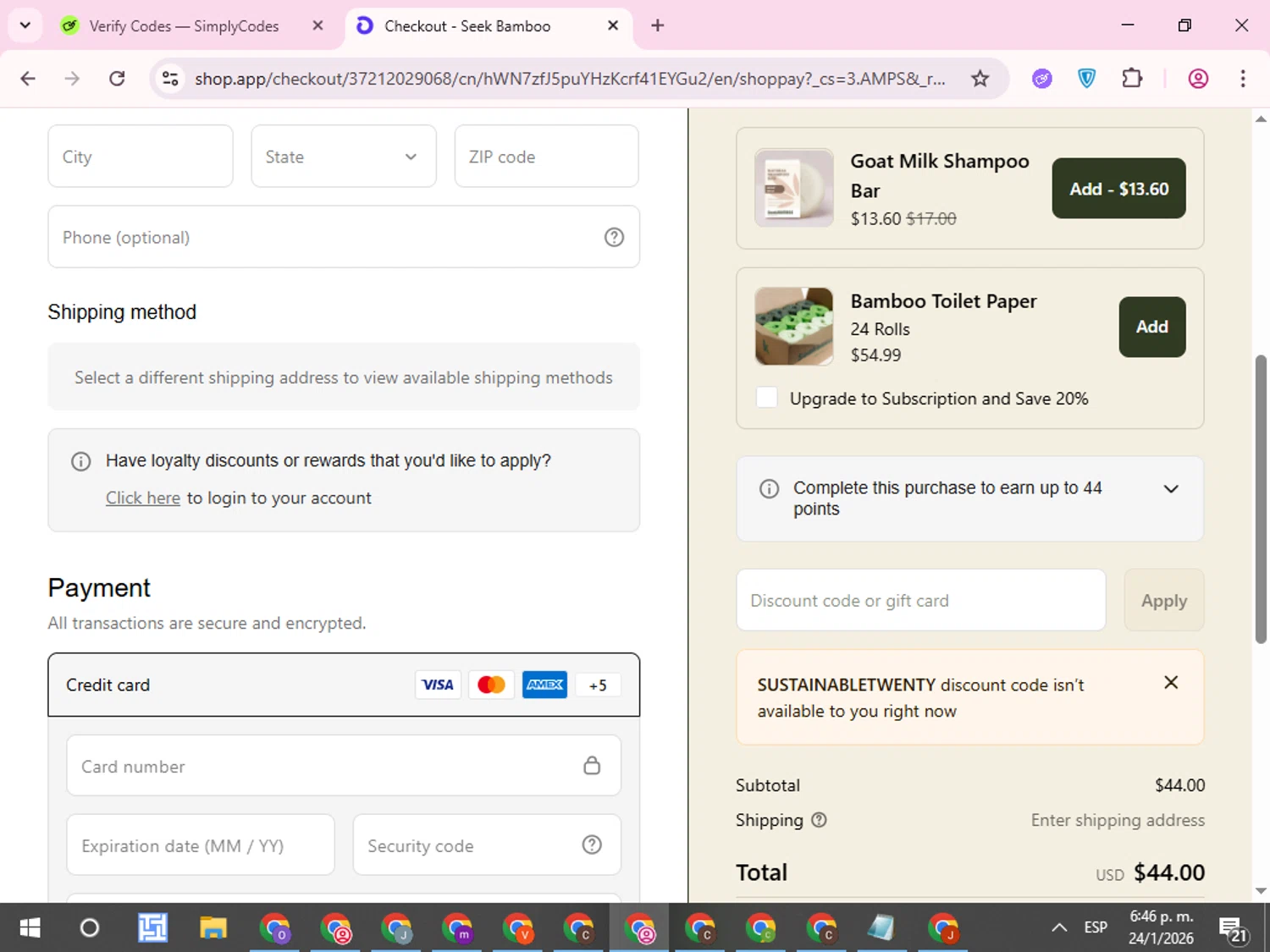 Seek Bamboo promo code screenshot showing code SUSTAINABLETWENTY applied at Seek Bamboo checkout page. Uploaded by SimplyCodes community member QuestCurator1644 on Jan 24, 2026