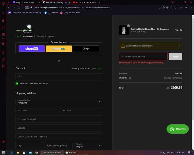 Seeking Health checkout page showing Seeking Health promo code box | Screenshot taken by SimplyCodes community member on Jul 22, 2023