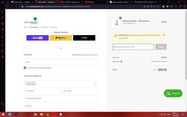 Seeking Health checkout page showing Seeking Health promo code box | Screenshot taken by SimplyCodes community member on Jun 27, 2023