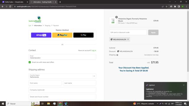 Seeking Health checkout page showing Seeking Health promo code box | Screenshot taken by SimplyCodes community member on Aug 31, 2023