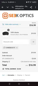 Seek Optics coupon verification screenshot