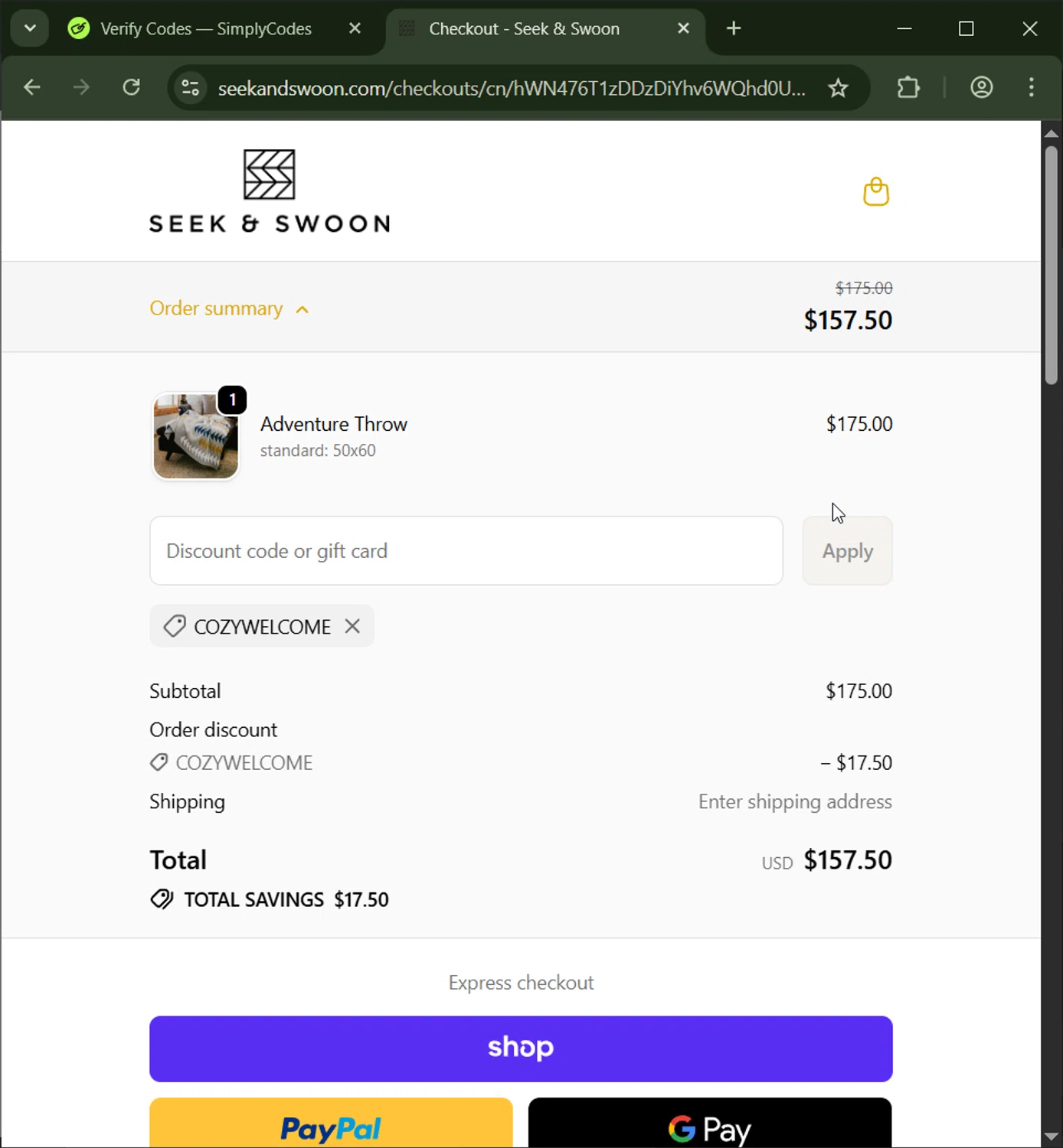 Seek & Swoon promo code screenshot showing code COZYWELCOME applied at Seek & Swoon checkout page. Uploaded by SimplyCodes community member CashWizard4502 on Oct 14, 2025