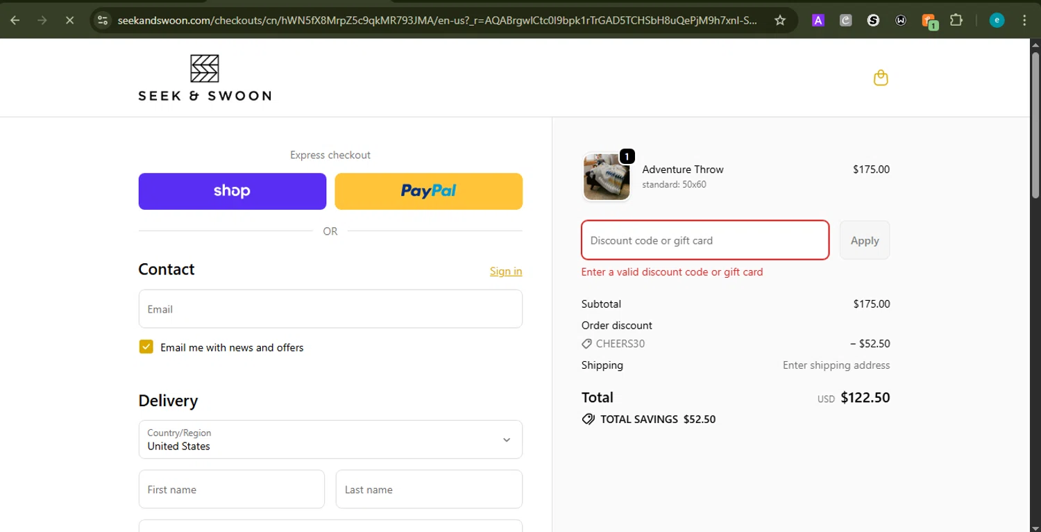 Seek & Swoon promo code screenshot showing code COZYWELCOME applied at Seek & Swoon checkout page. Uploaded by SimplyCodes community member LOVECOUPON on Nov 24, 2025