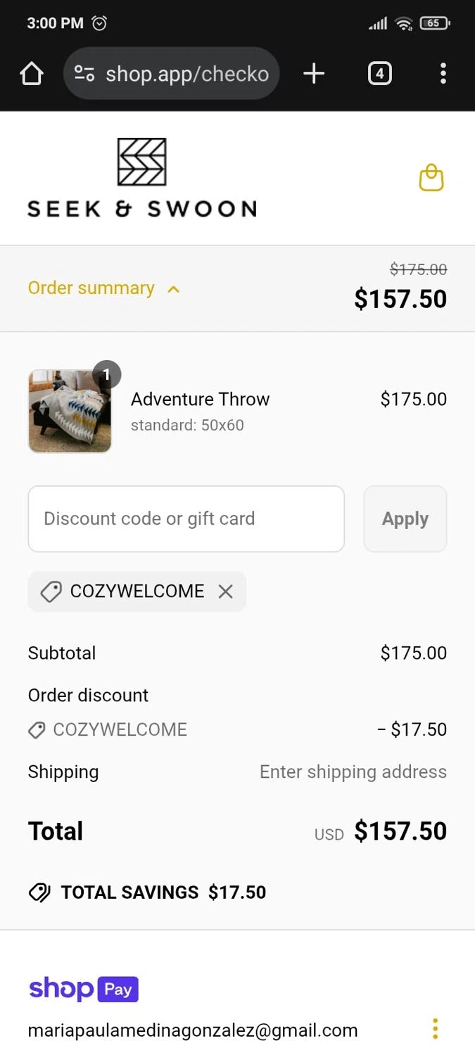 Seek & Swoon promo code screenshot showing code COZYWELCOME applied at Seek & Swoon checkout page. Uploaded by SimplyCodes community member PromoMaven605 on Jun 15, 2025